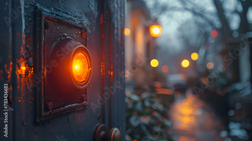 Capture the essence of a smart doorbell, its sleek design highlighted by HDR against the backdrop of both bright daylight and dim evening glow photo