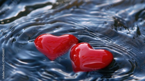 Two romantic red hearts on the water. AI generative.