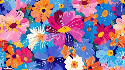 A seamless pattern of colorful flowers, with bright colors and bold shapes, reminiscent of the hippie era. The background is a vibrant blue color