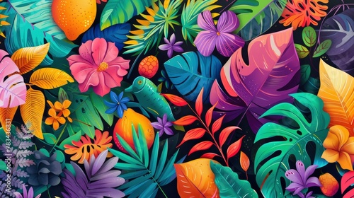 A vibrant and colorful illustration of tropical leaves, fruits, flowers, and animals © CgDesign4U