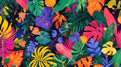 A vibrant and colorful illustration of tropical leaves, fruits, flowers, and animals