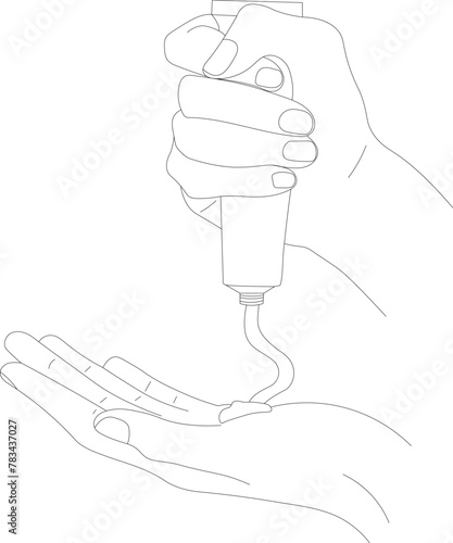 Illustration of female hand holding a tube of cream and a drop of product on another. For prints, posters, banners, cards and design.