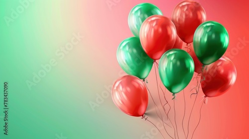 Abstract illustration of red and green balloons with long stick on colorful background, graphic design for greeting card or poster