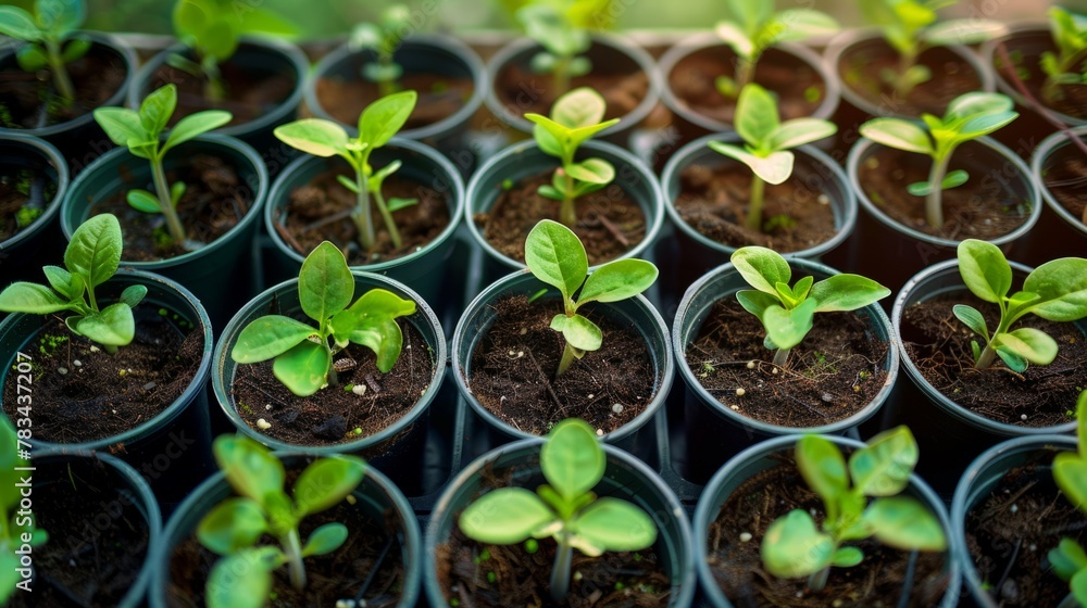Growing seedlings in peat pots. Plants seeding in sunlight in botany greenhouse, horticulture, and cultivation of ornamental plants. Trays for agricultural seedlings. Growing seedlings in peat pots. Plants seeding in sunlight in botany greenhouse, horticulture, and cultivation of ornamental plants. Trays for agricultural seedlings.