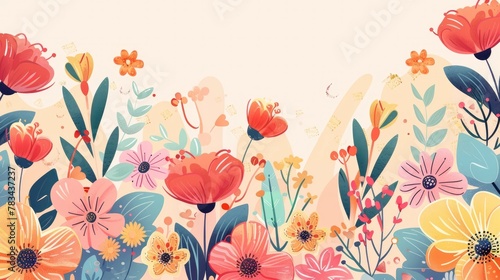 Floral background with colourful flowers and leaves. illustration of spring or summer nature in the flat design style