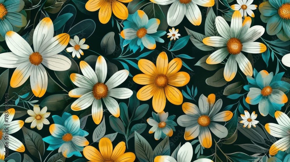 Seamless pattern with abstract daisies, turquoise and yellow flowers on a dark green background. Hand drawn illustration