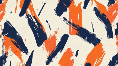 Seamless pattern with orange and navy blue paint strokes on a cream background. Simple brushstrokes in the style of mid century modern design elements with minimalist shapes © CgDesign4U