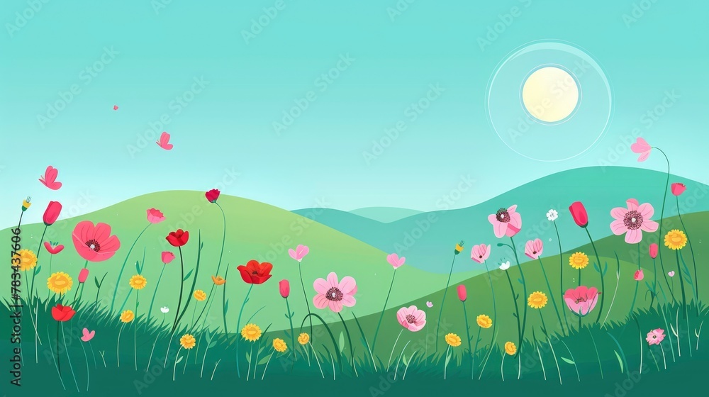 Spring poster design, spring landscape with flowers, hills and meadows, illustration in a flat style, simple lines, green background, pink and red color poppy flowers, colorful