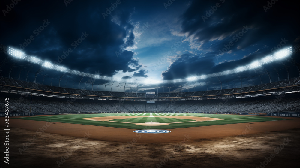 Sunset View of a Baseball Stadium with Dramatic Clouds and Floodlights ...