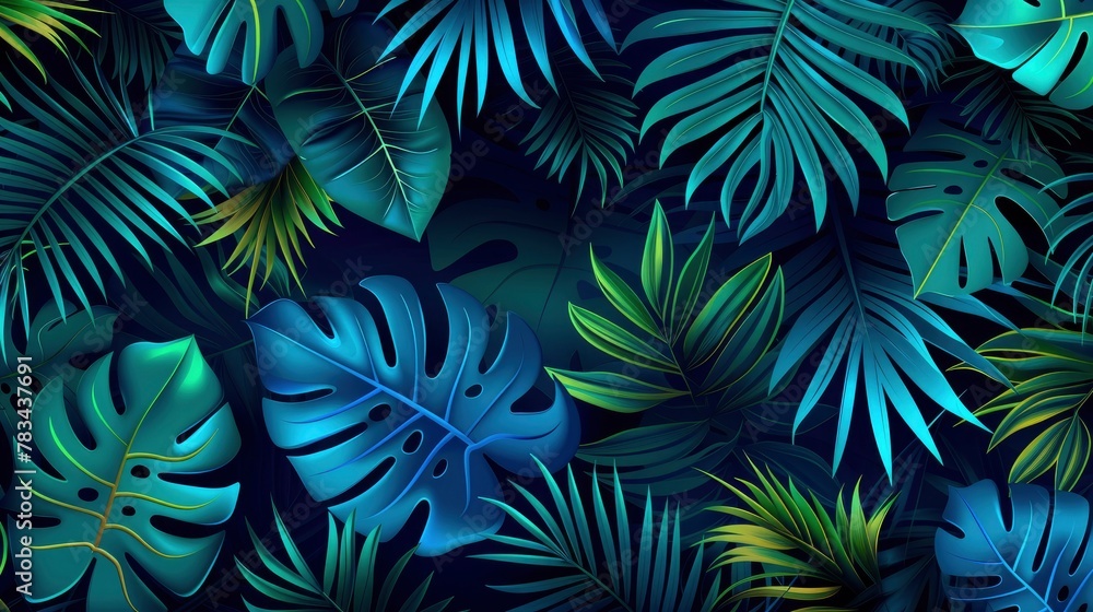Tropical leaves seamless pattern, navy blue and teal color palette, illustration ,in the style of dark sky blue and light green, vibrant illustrations, deep cobalt background Tropical leaves seamless pattern, navy blue and teal color palette, illustration ,in the style of dark sky blue and light green, vibrant illustrations, deep cobalt background