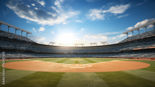 Sunlit Baseball Stadium with Clear Skies and Seating photo