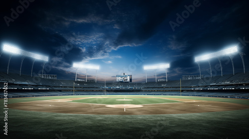 Twilight Baseball Stadium with Illuminated Floodlights and Empty Stands