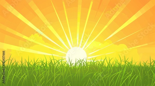 Sunrise over a grassy field background illustration with copy space on the right side, sun rays and a green meadow. Spring or summer nature landscape background