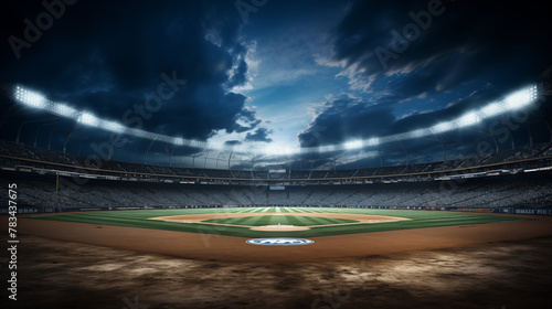 Sunset View of a Baseball Stadium with Dramatic Clouds and Floodlights