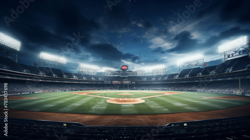 Nighttime Baseball Stadium with Illuminated Lights and Cloudy Skies