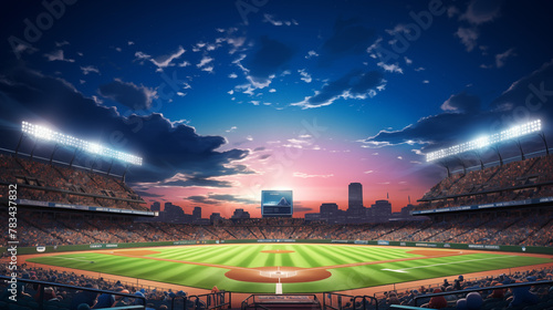 Baseball Stadium at Sunset with Lights and Filled Stands