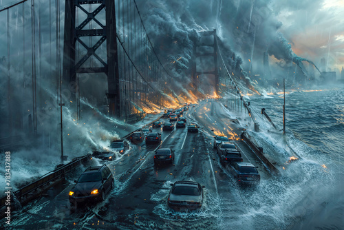 Bridge with cars flooded and submerged with water, on fire, catastrophe, apocalypse