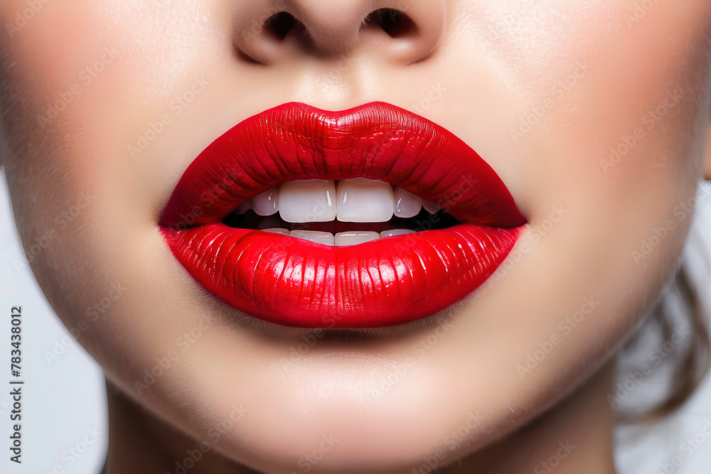 Female face with beautiful red female lips and cured white teeth, cosmetology and dentistry concept. Close up lips of woman. Female face with beautiful red female lips and cured white teeth, cosmetology and dentistry concept. Close up lips of woman.
