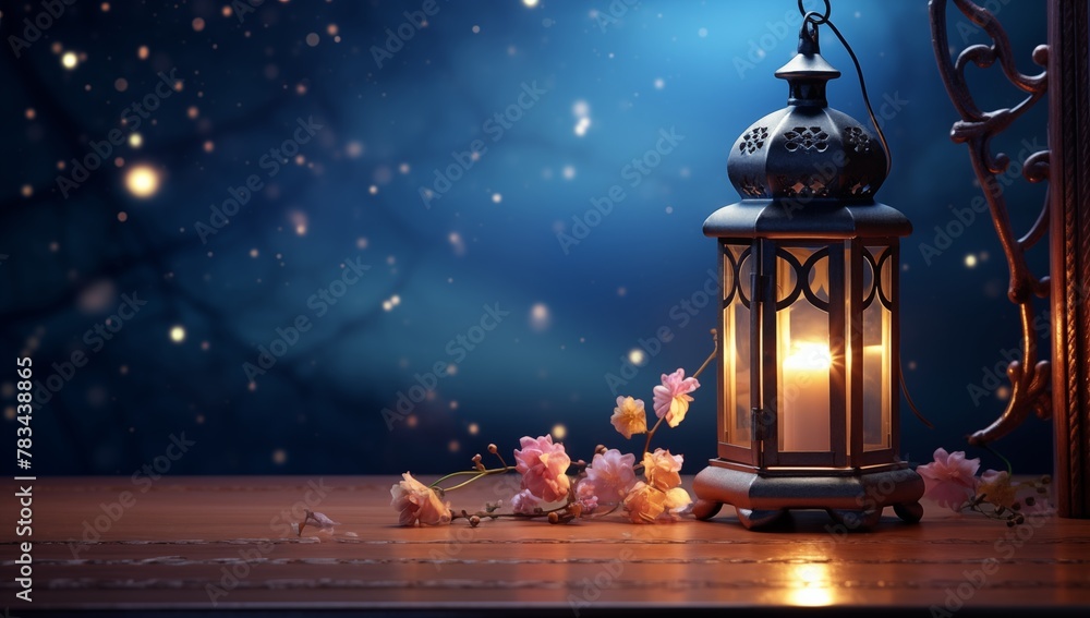 Traditional Lantern Glowing Warmly on a Wooden Table Against a Snowy Winter Night Background Traditional Lantern Glowing Warmly on a Wooden Table Against a Snowy Winter Night Background