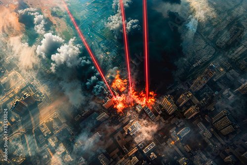 Red laser beams from space firing on city block, aerial shot, sci fi, attack, artist's impression, directed energy weapon