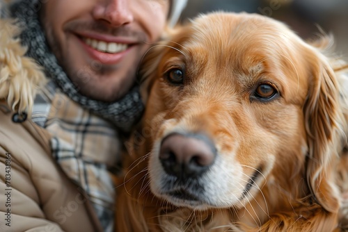 Joyful Man Hugging Loyal Dog with Loving Smile. Concept Pets, Dogs, Love, Joy, Smiles