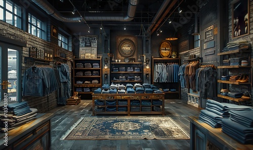 A clothing store with a modern, sleek interior designed to showcase casual clothing and denim jeans photo