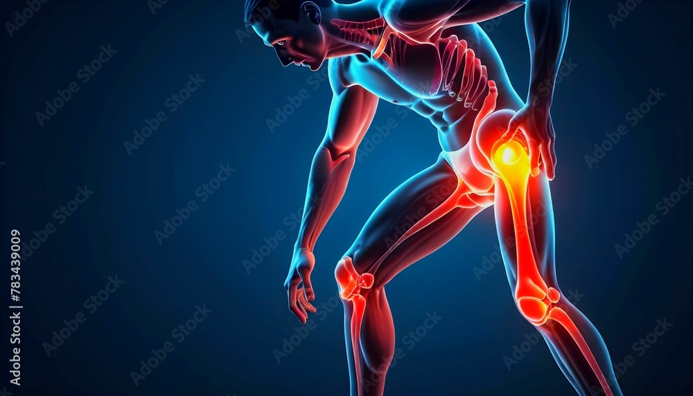 2D Illustration of a running man with painful knee joint highlighted, kneecap, 3D rendering. Problem of joint diseases, medical topics. Painful joints created with generative ai
2D Illustration of a running man with painful knee joint highlighted, kneecap, 3D rendering. Problem of joint diseases, medical topics. Painful joints created with generative ai