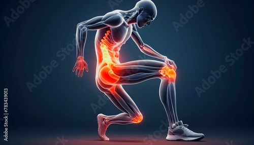 2D Illustration of a running man with painful knee joint highlighted, kneecap, 3D rendering. Problem of joint diseases, medical topics. Painful joints created with generative ai   © BeeSee