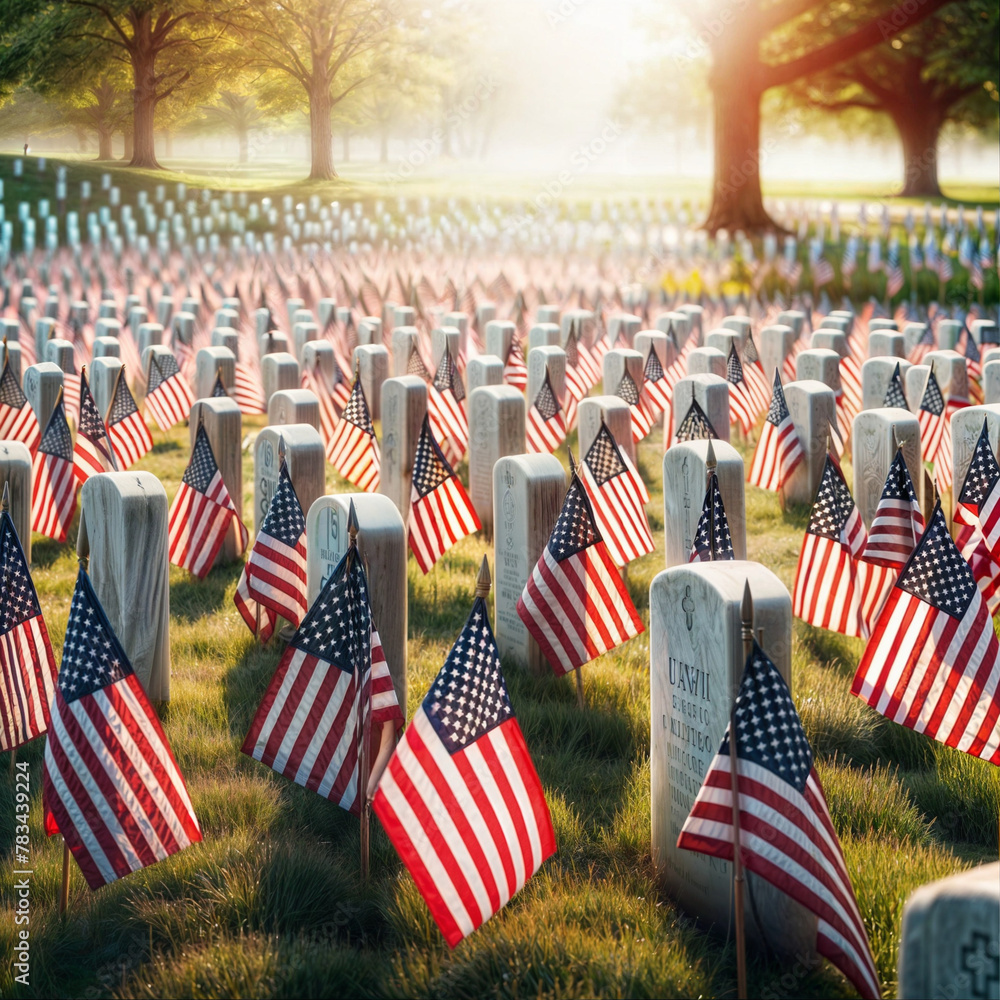 American flags on the graves of American veterans on Memorial Day ...