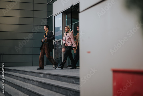 A group of professionals walks outside a business building, engaged in a serious discussion about a project strategy. © qunica.com