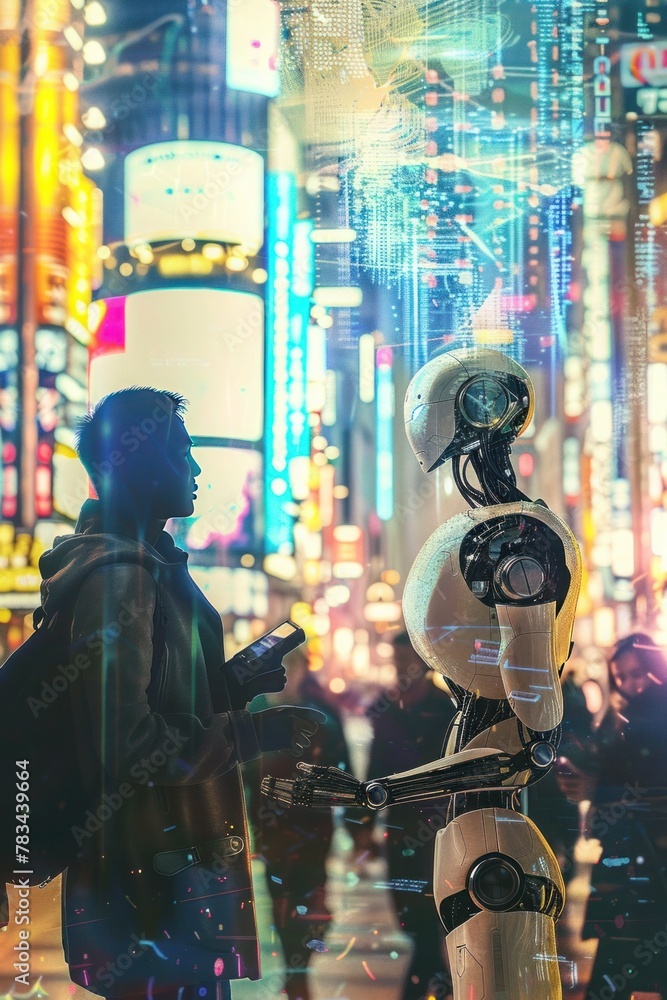 Obraz premium human and a robot engaged in a collaborative effort to advance technology and innovation