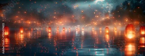 Reflections of flickering lanterns shimmering on still waters  creating a surreal mirror of light and color
