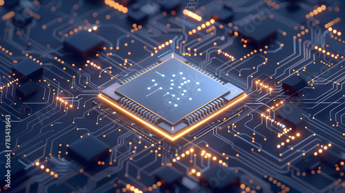 3D render of a glowing chip on an intricate circuit board, surrounded by futuristic elements and holographic effects photo