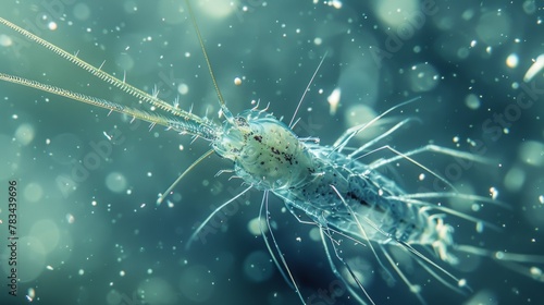 An image of a copepod a common type of zooplankton with a round body and long antennae. photo