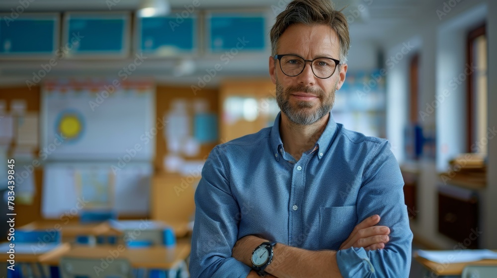 Fototapeta premium Confident male teacher in classroom, crossed arms, eyeglasses, blue shirt, smiling. Copy space.