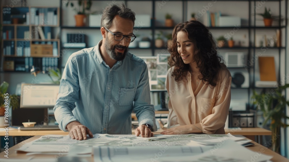 Two professionals discussing over blueprints in modern office, with focus on teamwork and planning, indoor lighting. Two professionals discussing over blueprints in modern office, with focus on teamwork and planning, indoor lighting.