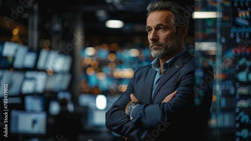 Confident middle-aged Caucasian man in blue suit standing in server room, technology and business concept. Copy space.