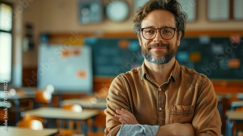 Caucasian male teacher with glasses smiling in classroom, brown shirt, crossed arms. Copy space. photo