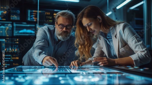 Two professionals examining digital interface in high-tech control room, one male with beard, one female, both focused.