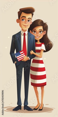 Two smiling cartoon characters, man in suit holding American flag and woman in red and white striped dress.