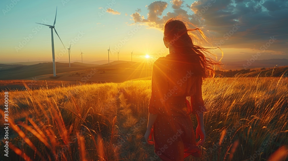 Fototapeta premium Woman walking through golden wheat field at sunset with wind turbines in background, renewable energy, sustainability, summer landscape. Copy space.