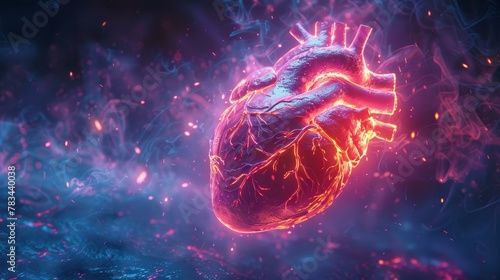 Glowing human heart illustration with red and blue highlights, abstract science background. Copy space.