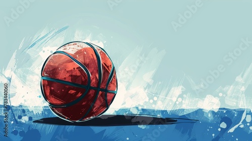 Red basketball on abstract blue background, artistic sports concept, vibrant colors, dynamic backdrop. Copy space.