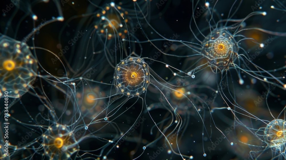 A closer look at a colony of microscopic plankton with a stunning variety of shapes and sizes from spherical to elongated all connected A closer look at a colony of microscopic plankton with a stunning variety of shapes and sizes from spherical to elongated all connected