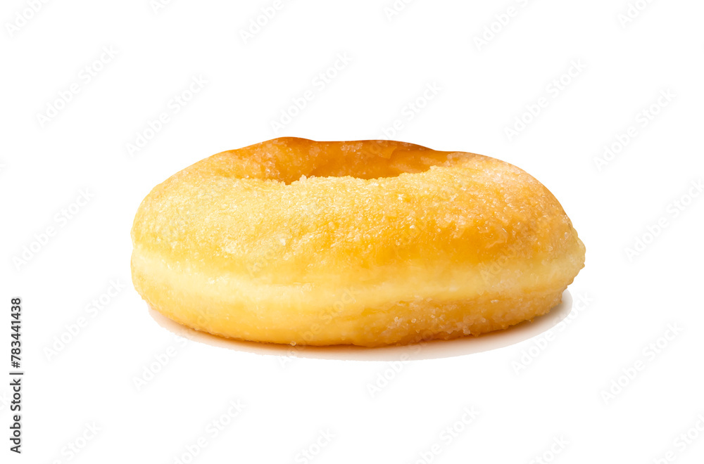 Side view of single sugar glazed cinnamon donut isolated with clipping path and shadow in png file format Side view of single sugar glazed cinnamon donut isolated with clipping path and shadow in png file format