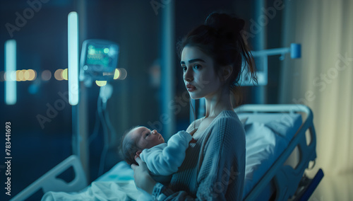 beautiful young woman holding her newborn baby in front of a hospital room at night 