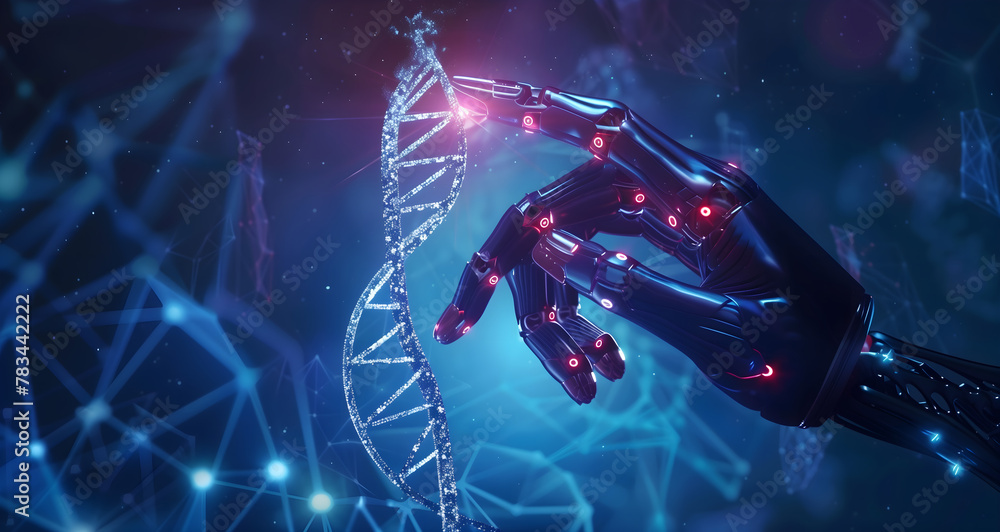 hand touching digital DNA on dark blue background, AI technology concept
hand touching digital DNA on dark blue background, AI technology concept