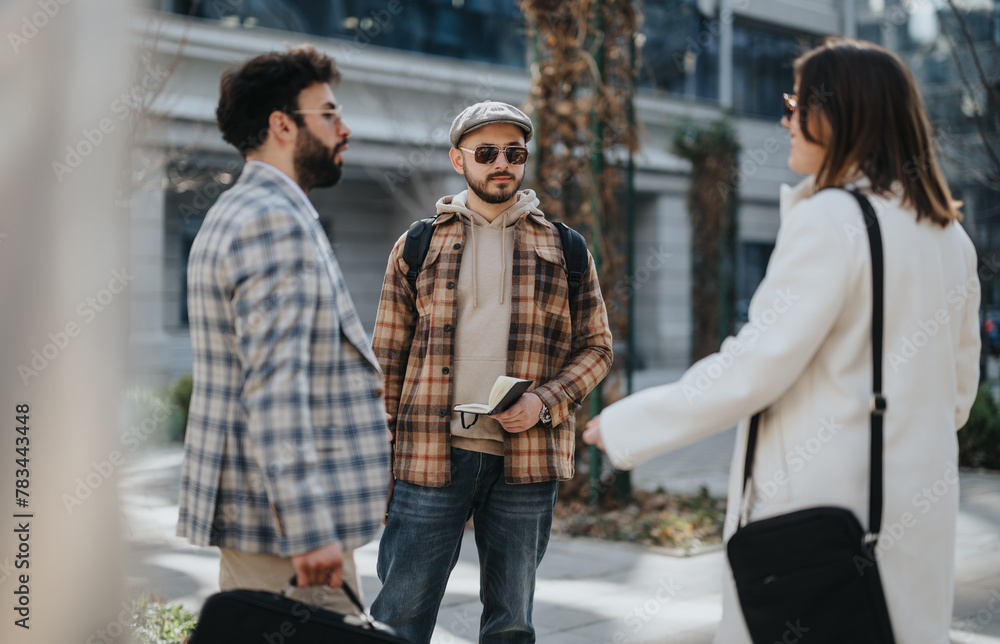 Outdoor business meeting with young entrepreneurs discussing strategies and market trends in an urban setting.