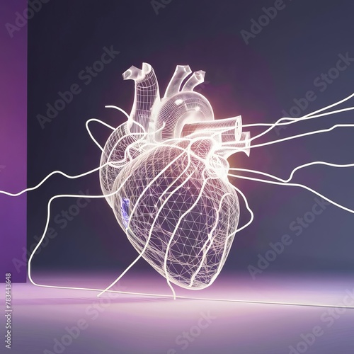 Illuminated Wireframe Heart Design Against Purple Hues