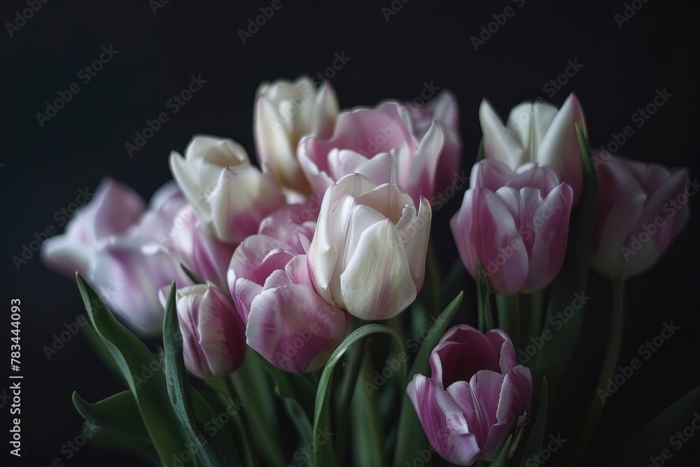 light tulips on a black background